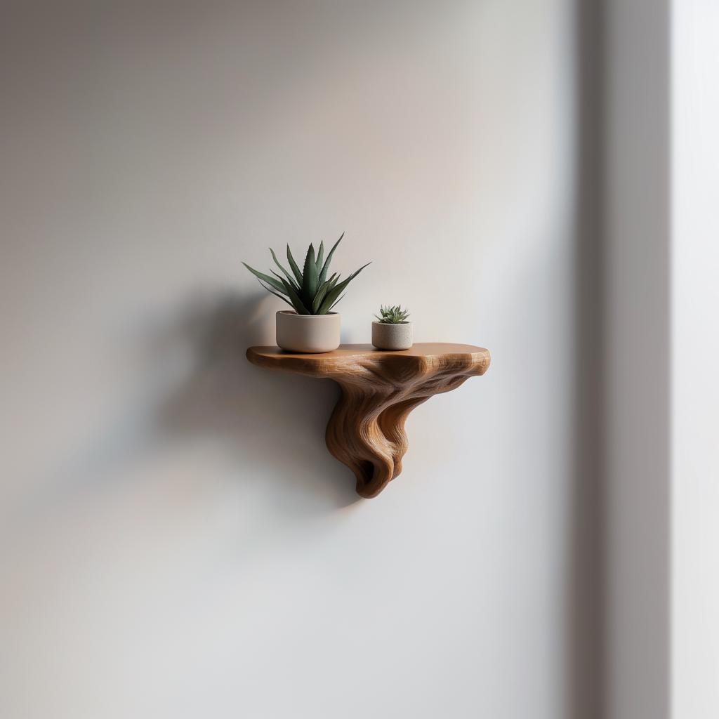 Tree root-inspired floating shelf with plants, adding organic elegance to modern home decor.
