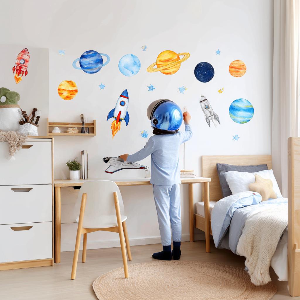Bright Space Wall Decals for Kids Room | Watercolor Planet & Rocket Stickers | Outer Space Wall Art | Galaxy Decor for Boys Girls