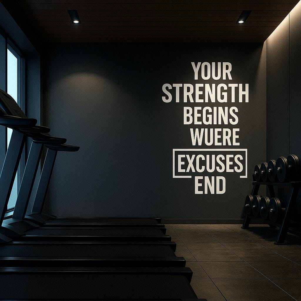 Motivational gym wall decal with the quote 'Your Strength Begins Where Excuses End' in a modern fitness space.
