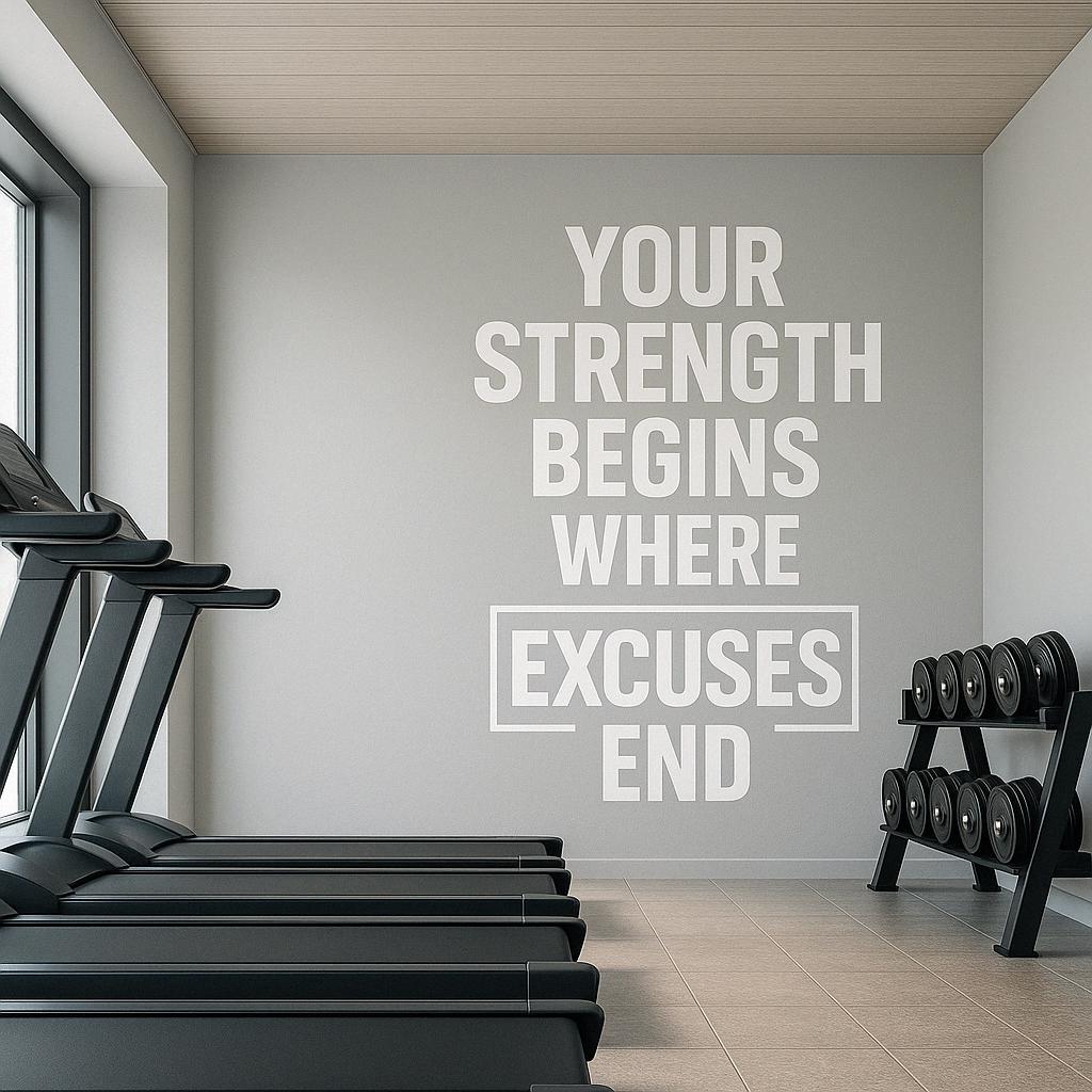 Motivational gym wall decal reading 'Your strength begins where excuses end' in modern workout space.