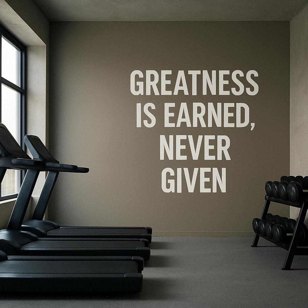 Motivational gym wall decal stating 'Greatness is earned, never given' in a modern workout space.