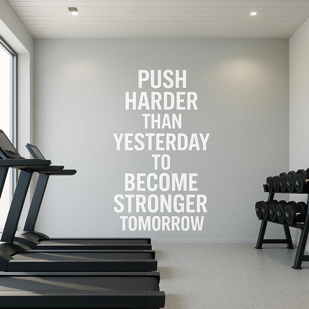 Motivational wall decal in gym reading 'Push Harder Than Yesterday to Become Stronger Tomorrow' on gray wall.