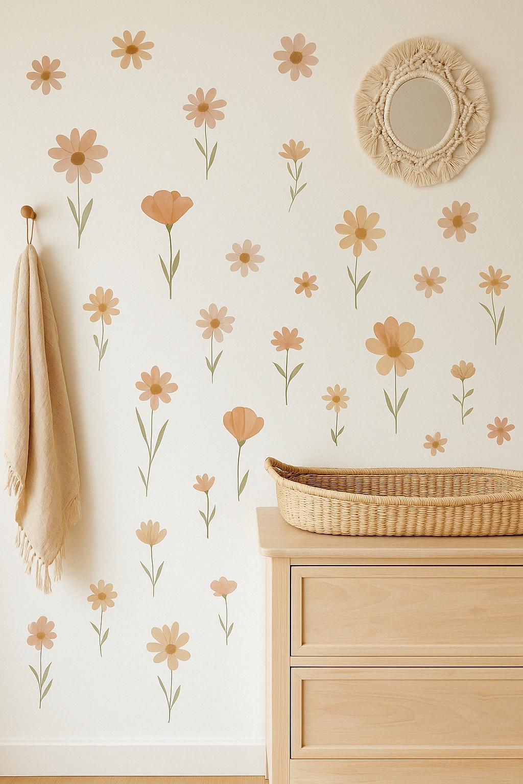 Boho floral wall decals in soft earthy tones for a nursery, featuring flowers and leafy stems on a light background.