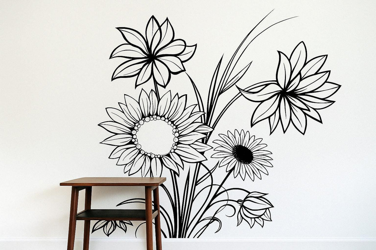 Hand-drawn black line art sunflower wall decal showcasing elegant floral design in a modern room setting.