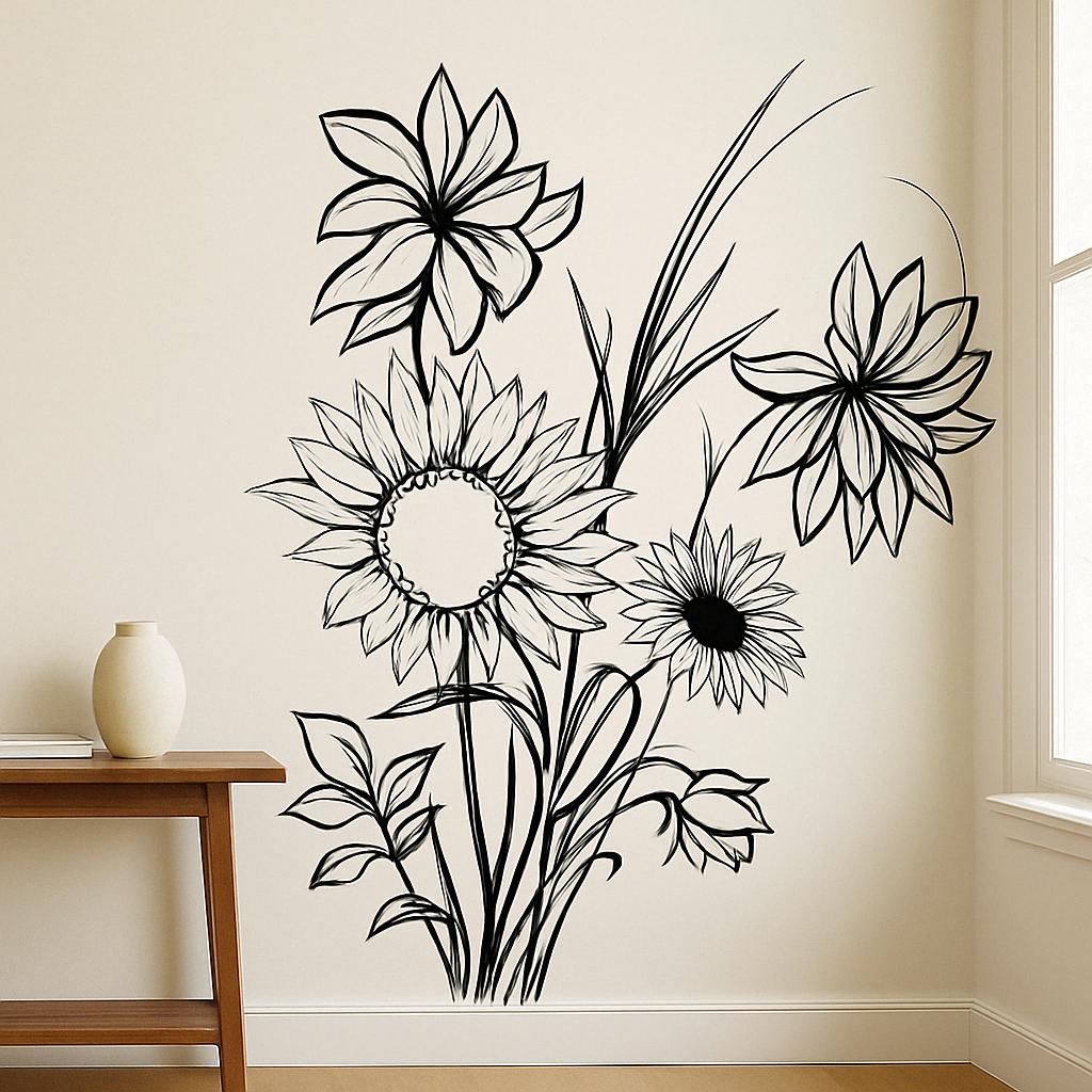 Black line art sunflower wall decal featuring floral design for modern home decor.