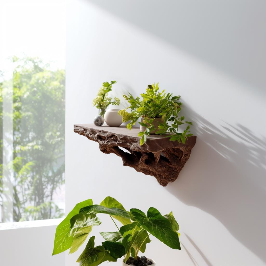3D printed floating shelf with plants, showcasing organic design for rustic modern interiors.