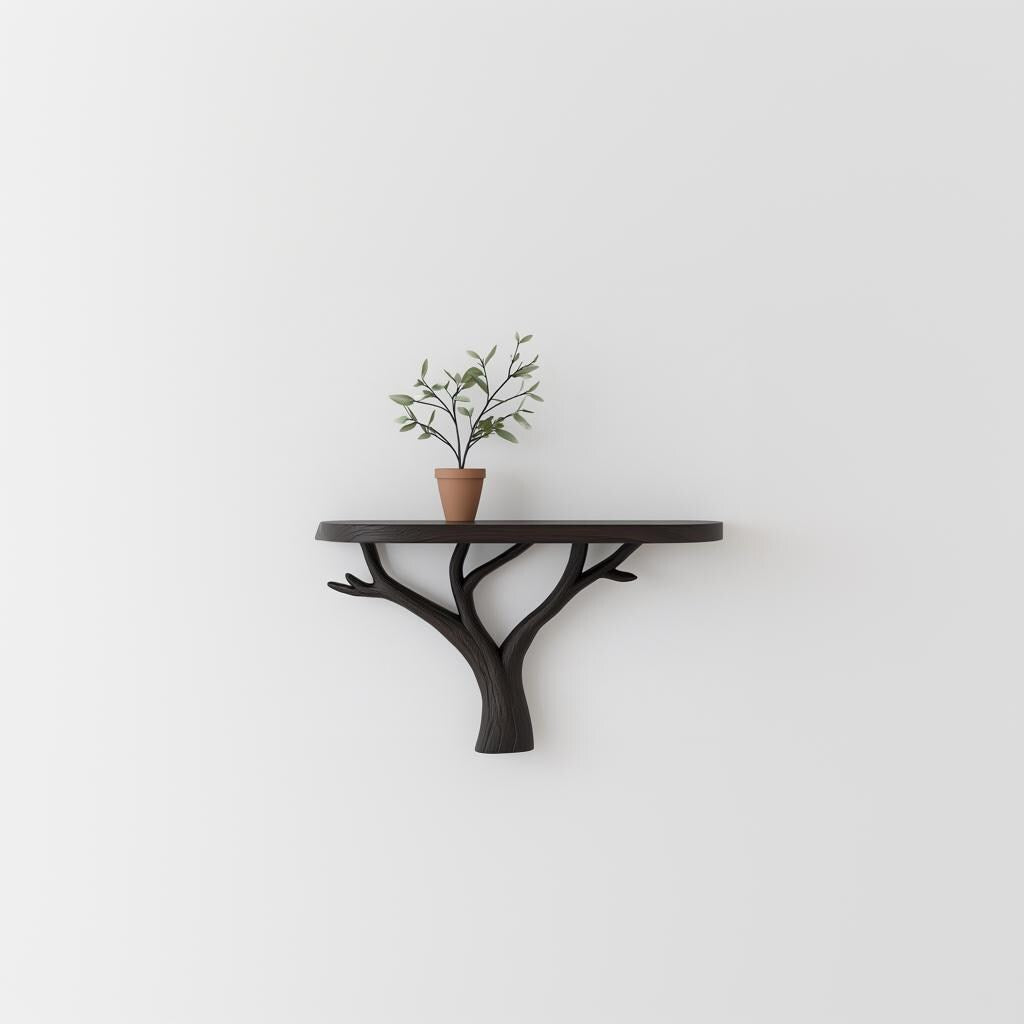 Tree branch wall shelf with a potted plant, showcasing modern minimalist decor and eco-friendly design.