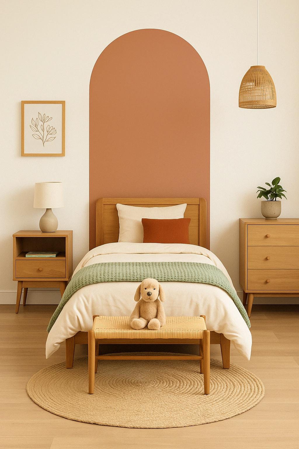 Cozy kids room featuring a modern arch wall decal, paired with light wood furniture and a soft bed setting.