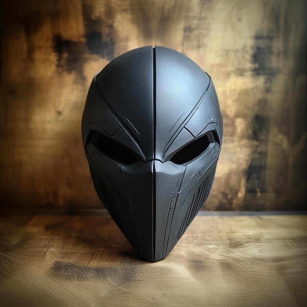 Futuristic black 3D printed warrior face mask on wooden backdrop, perfect for cosplay and LARP events.