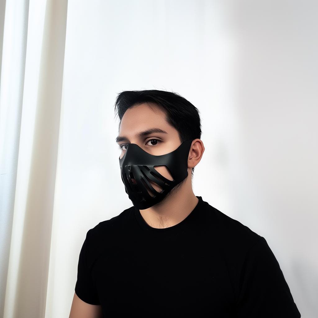 Man wearing a sleek black 3D printed warrior face mask, showcasing tactical design and futuristic style.