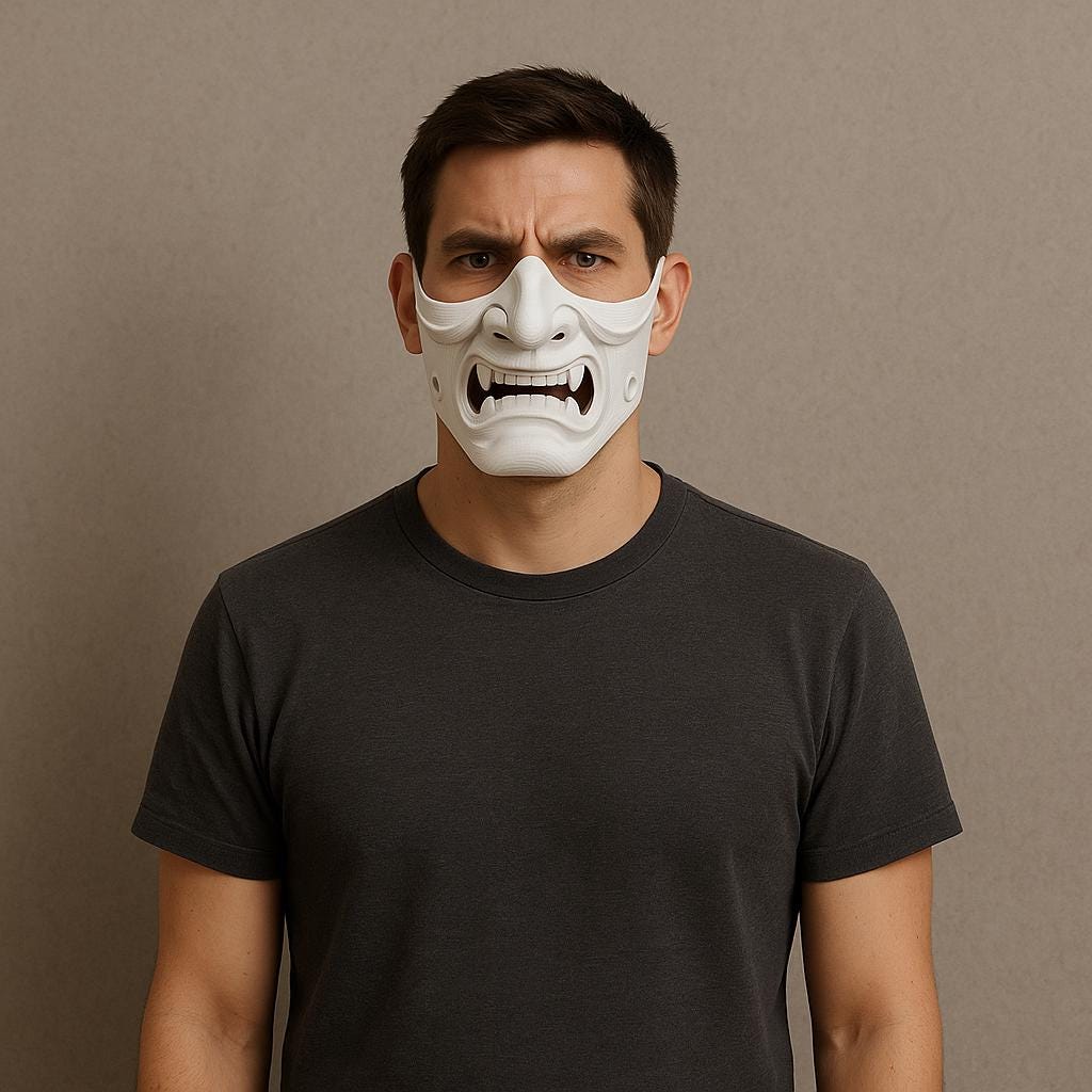 Man wearing a white Oni half face samurai mask, showcasing its detailed design for cosplay and Halloween.