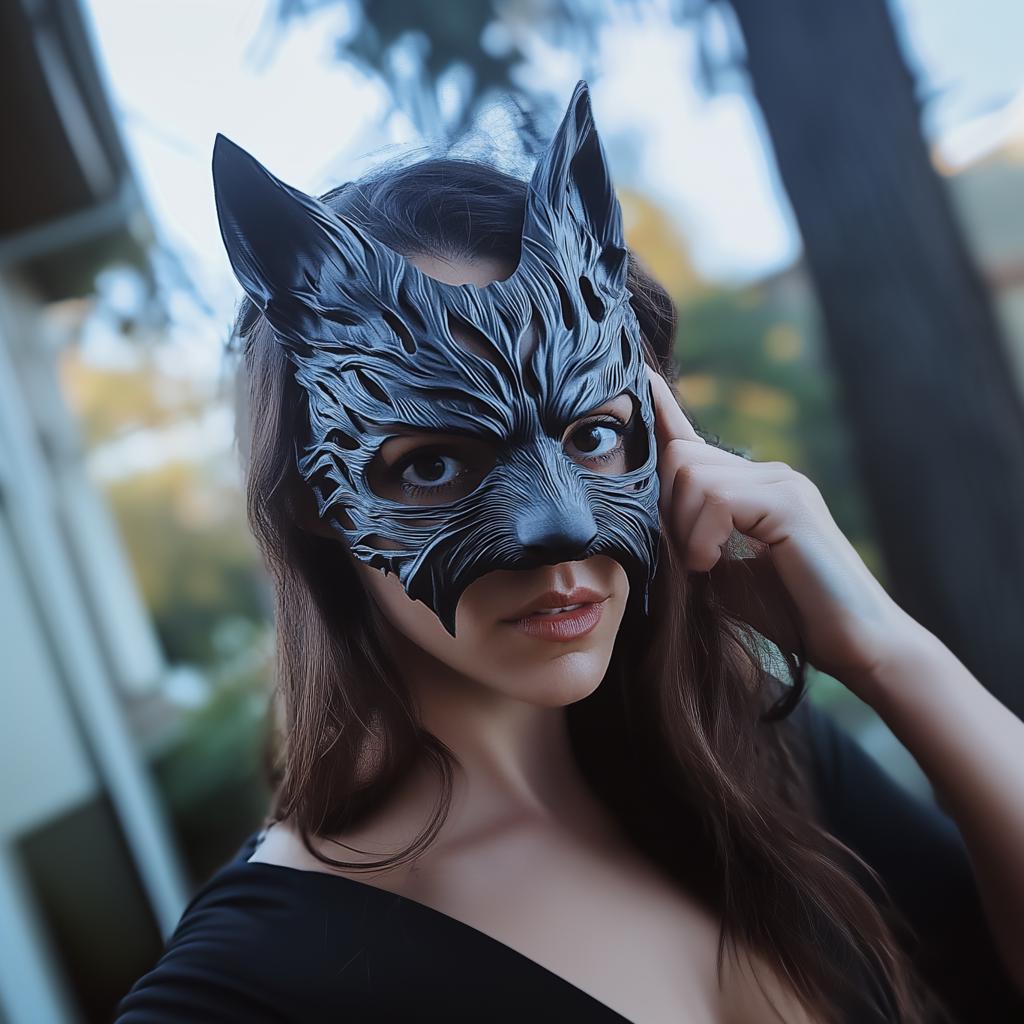 3D printed werewolf mask showcased by a woman, perfect for Halloween parties and gothic costumes.
