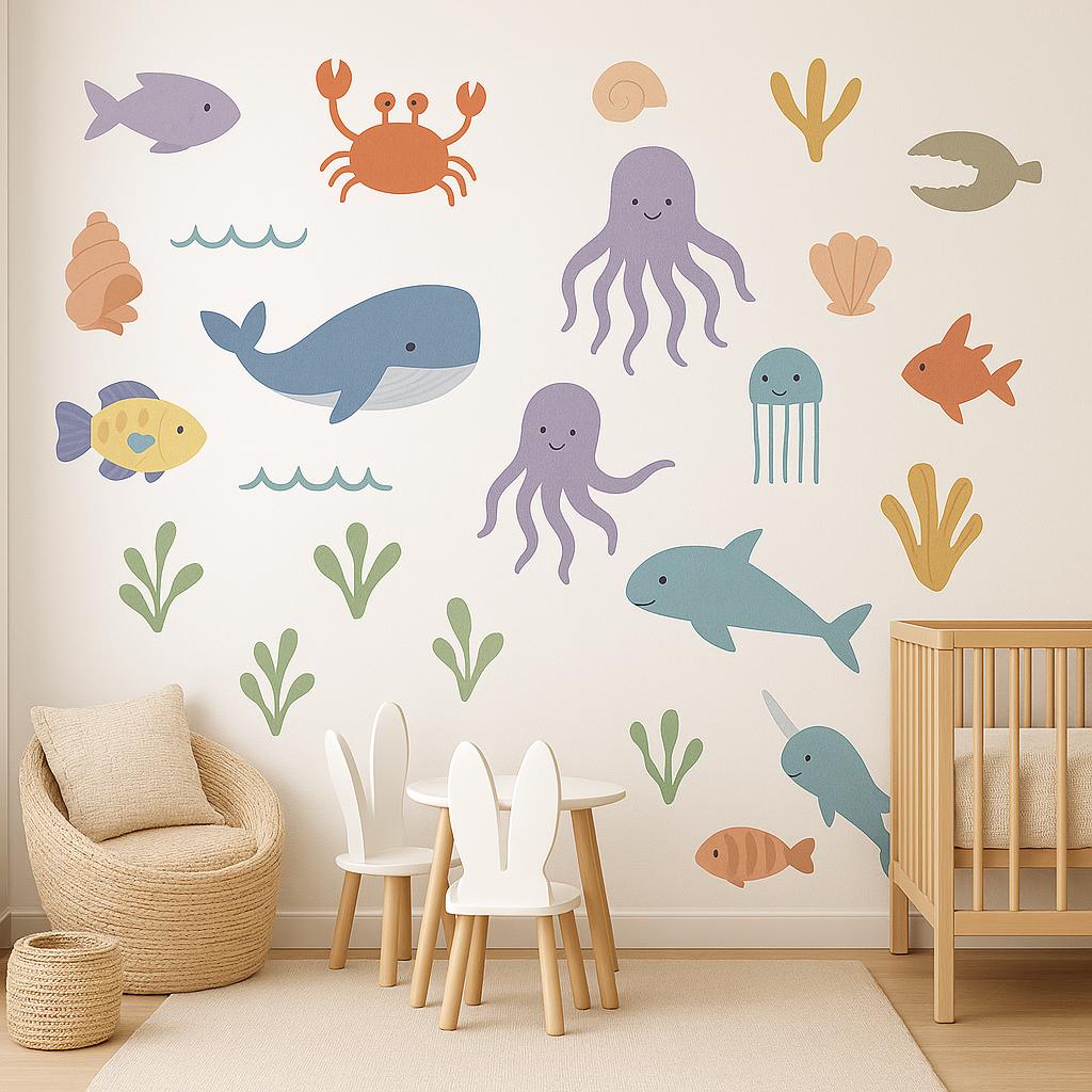 Colorful ocean animal wall decals including fish, octopus, crab, and coral in a nursery setting.