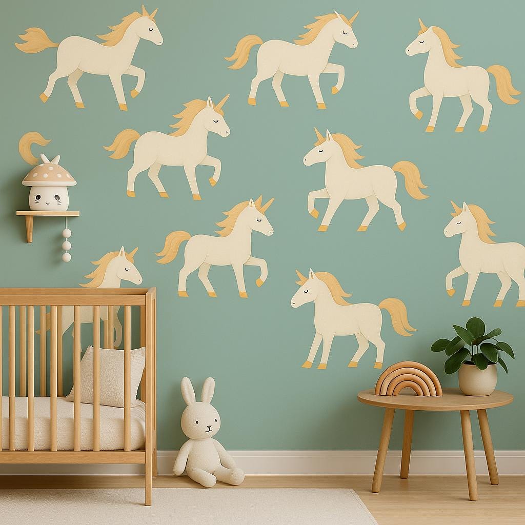 Colorful unicorn wall decals bringing magic to a nursery, featuring playful designs on a soft green background.