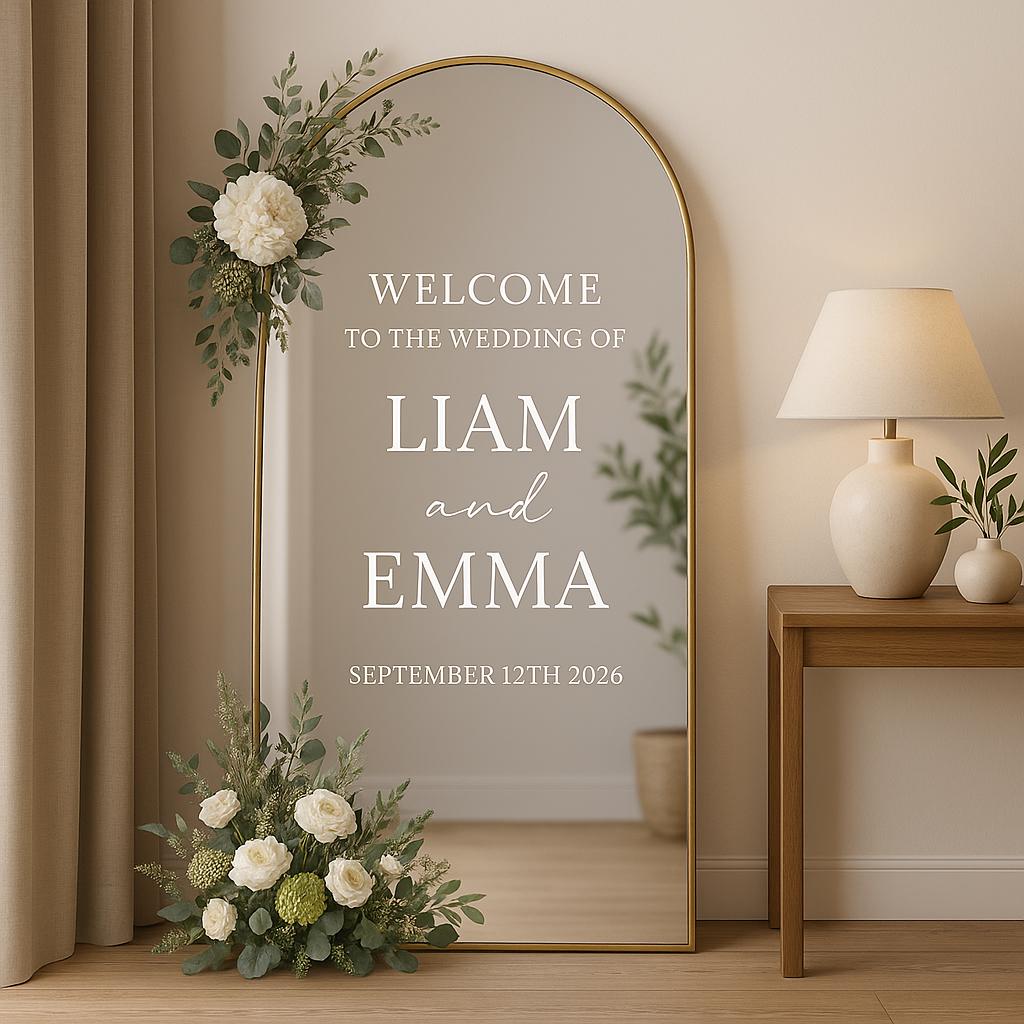 Personalized wedding mirror decal displaying 'Welcome to the wedding of Liam and Emma' with floral accents.