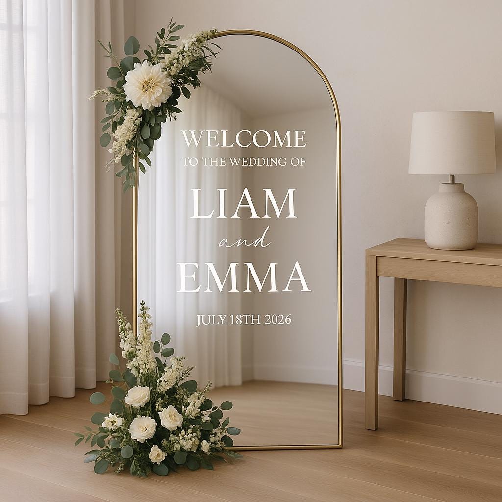 Elegant wedding mirror decal welcoming guests to Liam and Emma's ceremony on July 18th, 2026 with floral accents.