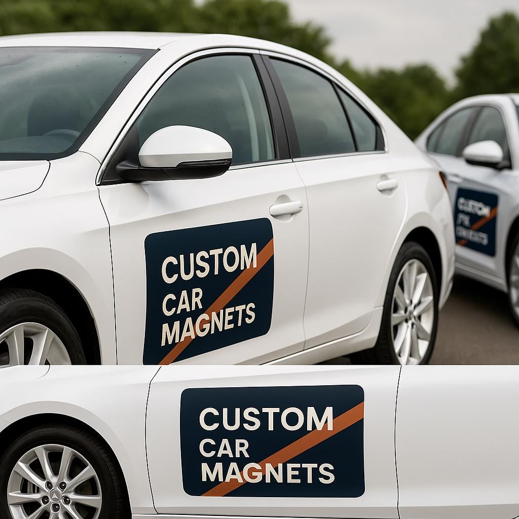 Two vehicles displaying custom car magnets with bold branding for effective advertising.