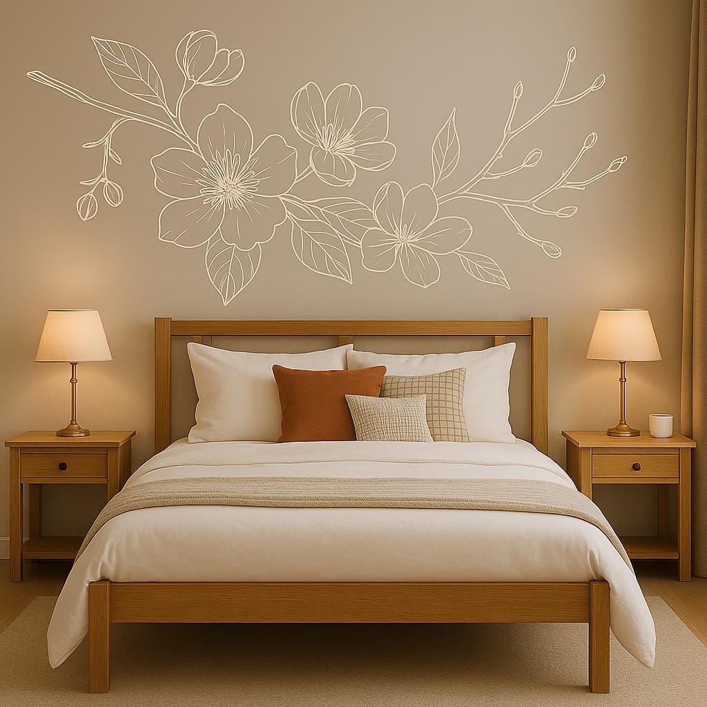 Elegant Magnolia wall decal above a stylish bed, adding floral charm to a cozy bedroom decor.