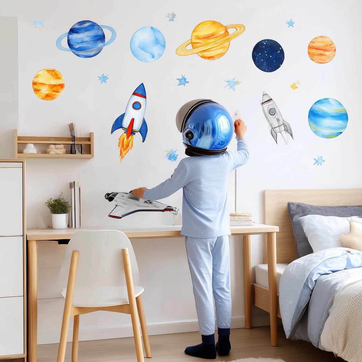 Bright Space Wall Decals for Kids Room | Watercolor Planet & Rocket Stickers | Outer Space Wall Art | Galaxy Decor for Boys Girls