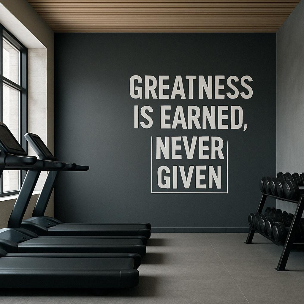 Motivational gym wall decal saying 'Greatness is earned, never given' in modern design, perfect for fitness decor.
