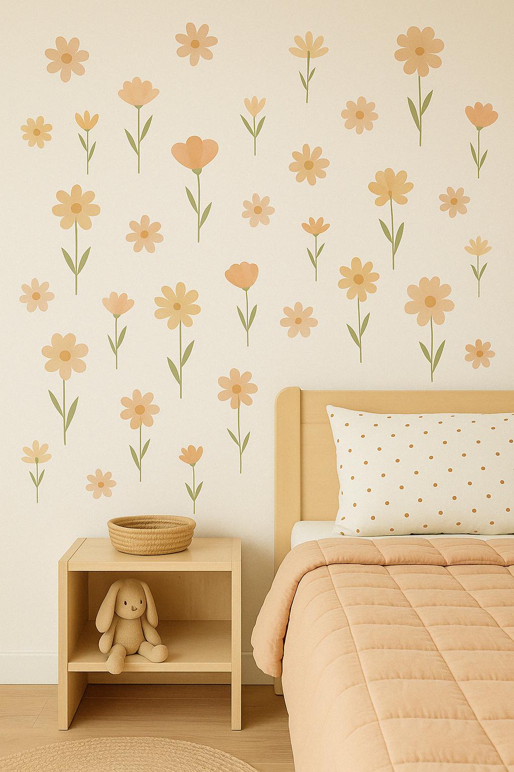 Boho floral wall decals in soft earthy tones adorning a nursery wall, featuring flowers and greenery.