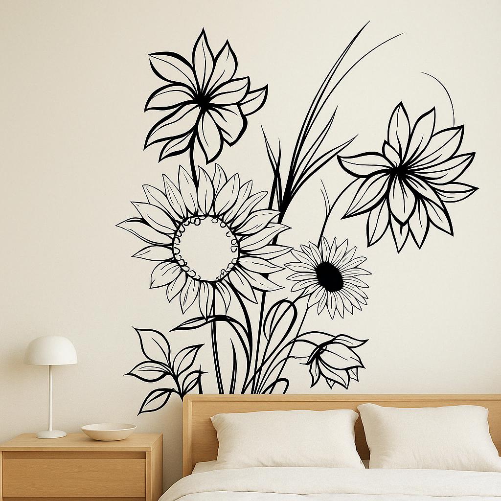 Sunflower wall decal featuring hand-drawn floral line art, ideal for modern bedroom and bathroom decor.