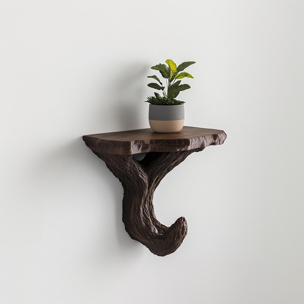 Tree-branch style wall shelf with potted plant, showcasing rustic design and nature-inspired decor.