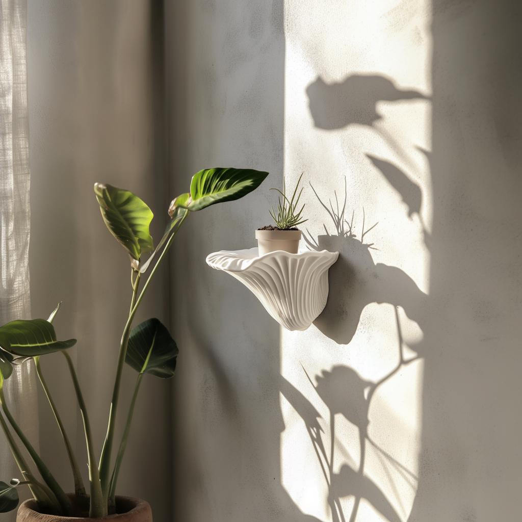 3D printed mushroom wall shelf with plant casting shadows, modern organic decor for minimalistic spaces.