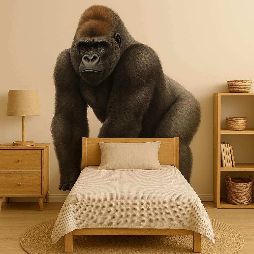 Realistic gorilla wall decal in kids' room, adding jungle safari decor to nursery with lifelike detail.