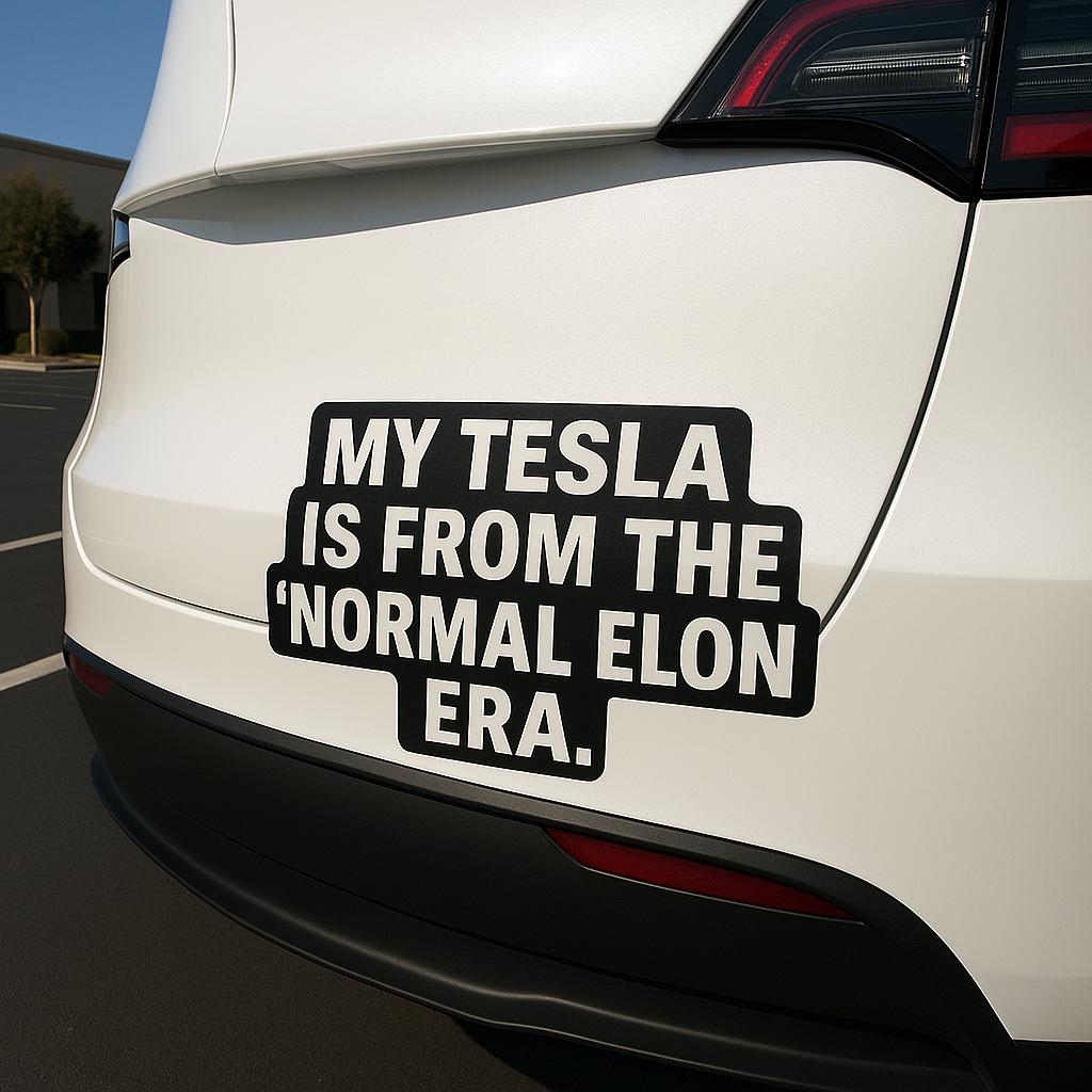 Bold bumper sticker on Tesla: 'My Tesla Is From The ‘Normal Elon’ Era.' Perfect for Tesla owners.