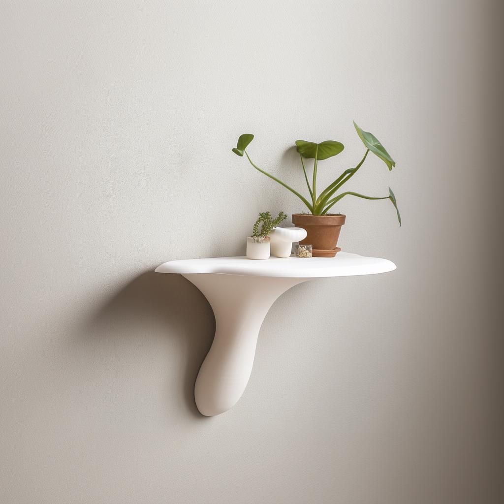 Minimalist 3D printed mushroom wall shelf with plants, modern organic decor for stylish interiors.