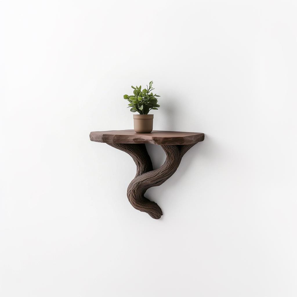 3D printed floating tree shelf with plant, featuring rustic vine design, perfect for organic decor and small plants.