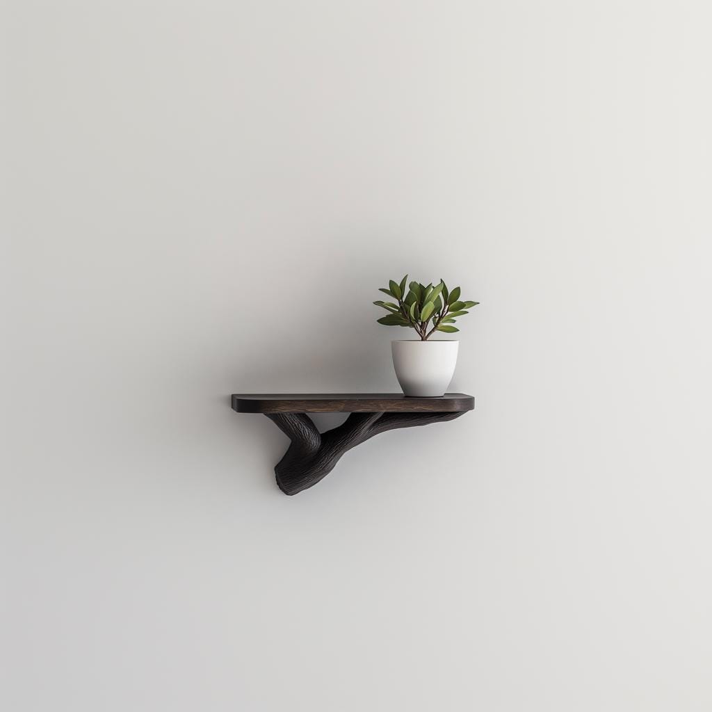 Dark wood floating shelf shaped like a tree branch with a potted plant, perfect for modern nature decor.
