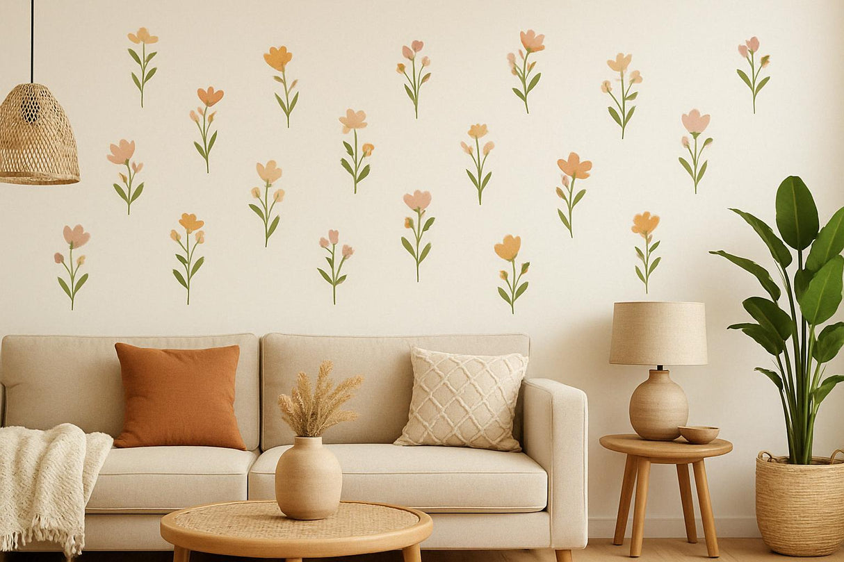 Whimsical flower wall decals in soft earthy tones adorning a stylish nursery with a cozy sofa and plants.