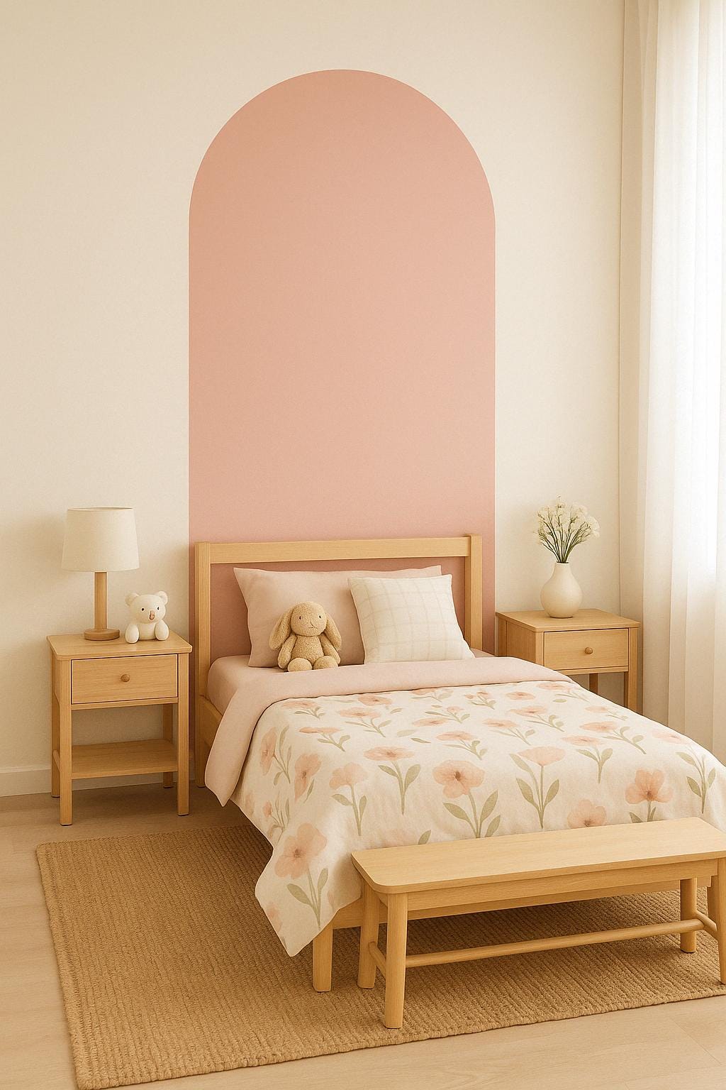 Modern arch wall decal in a nursery, enhancing the bed backdrop with a minimalist design and soft pink tone.