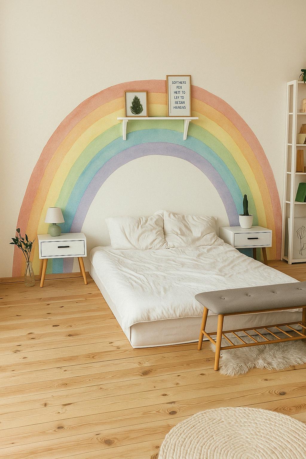 Pastel rainbow wall decal above a bed in a cozy bedroom, enhancing the room's playful and peaceful ambiance.