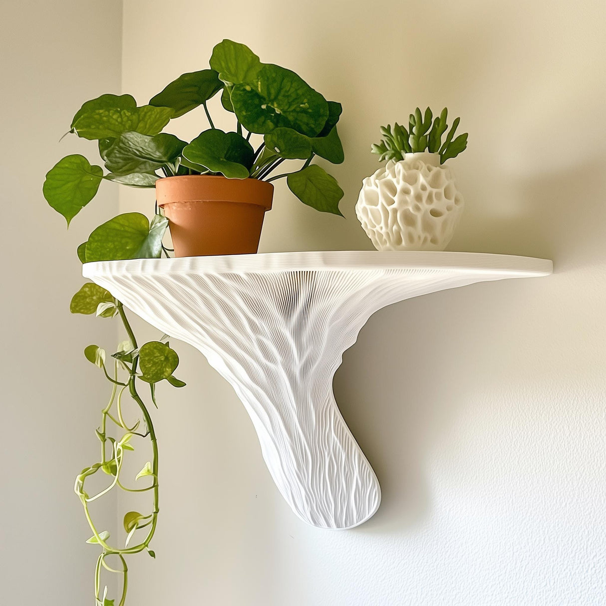 Deadly Galerina mushroom-inspired floating shelf displaying houseplants, eco-friendly 3D printed design, and textured details.