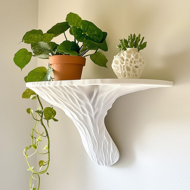 Deadly Galerina mushroom-inspired floating shelf displaying houseplants, eco-friendly 3D printed design, and textured details.