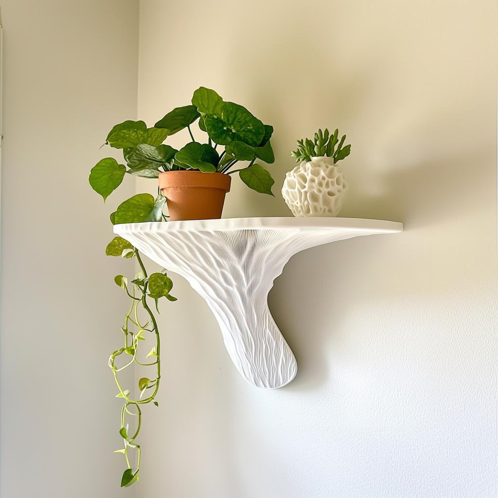 Deadly Galerina mushroom-inspired floating shelf with plants, adding natural elegance to home decor.