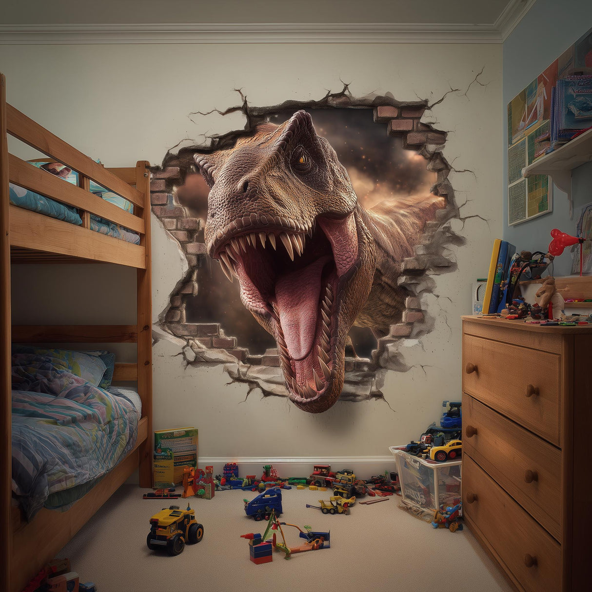 3D T-Rex wall decal bursting through wall in a child's bedroom, dinosaur theme decor for boys room.