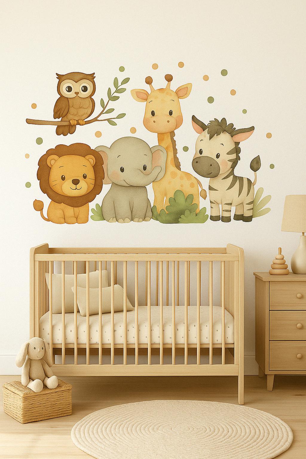 Safari animal wall decals featuring a lion, giraffe, elephant, zebra, and owl above a cozy nursery crib.