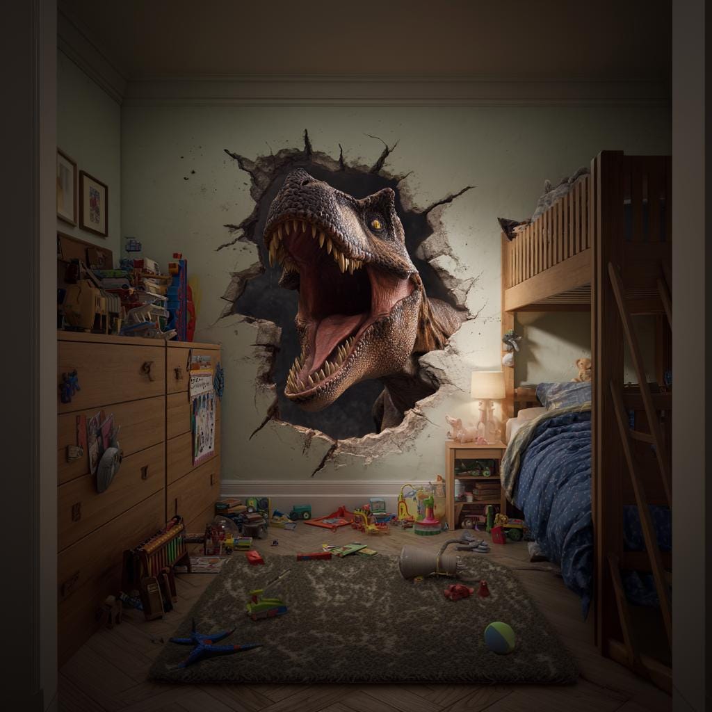 Hyper-realistic 3D T-Rex wall decal breaking through a child's bedroom wall, creating a Jurassic theme.