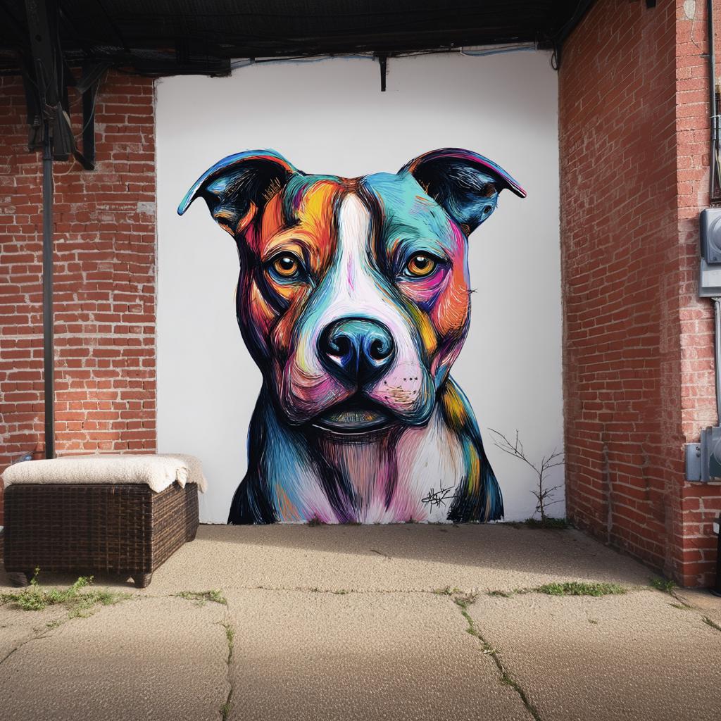 Vibrant colorful pitbull wall decal art mural on a brick wall, showcasing a bold dog face design.