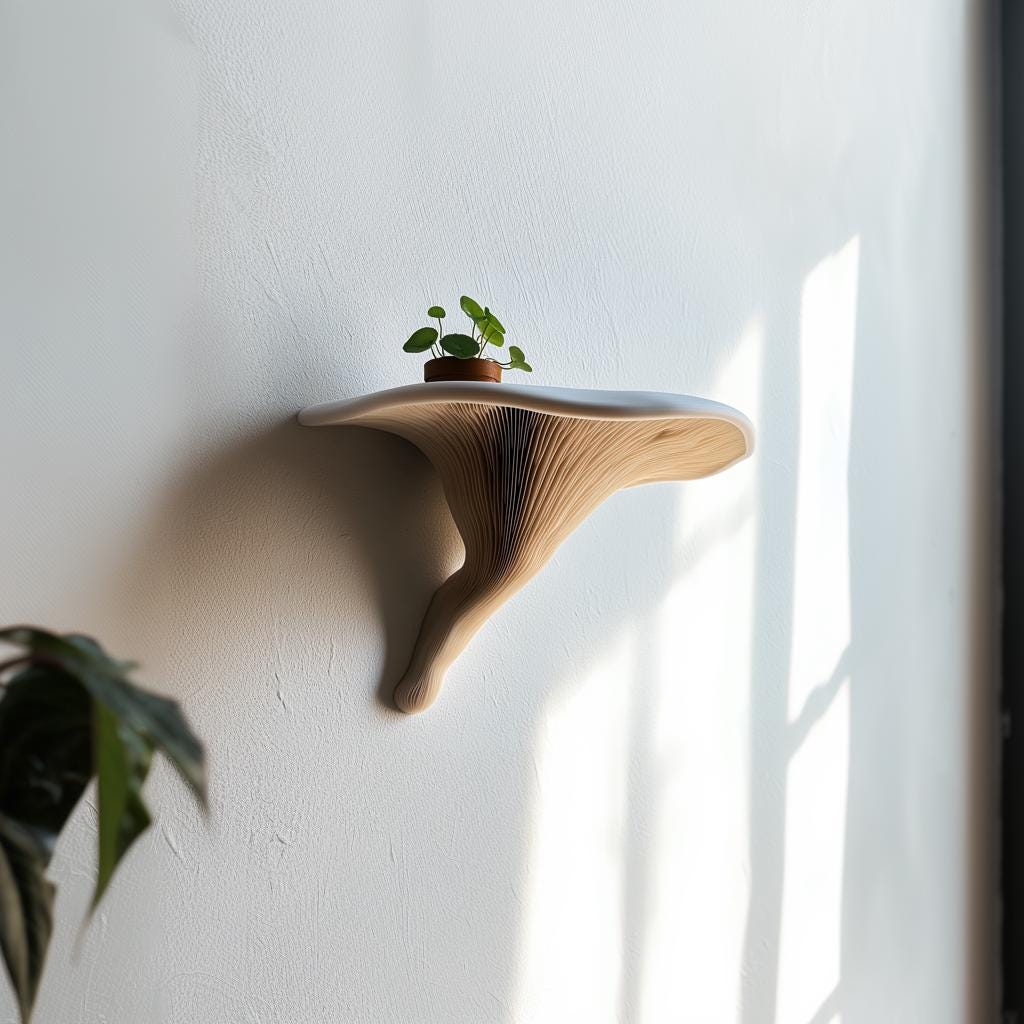 3D printed mushroom shelf displaying small plant, sculptural and modern wall decor, nature-inspired design.