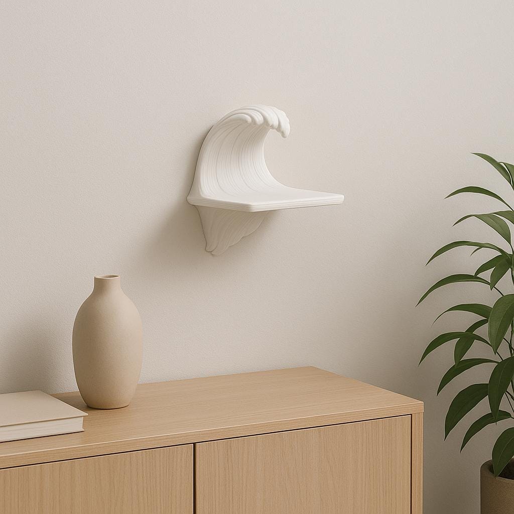 Wave-shaped matte white wall shelf against a light wall, enhancing minimalist decor with ocean-inspired elegance.