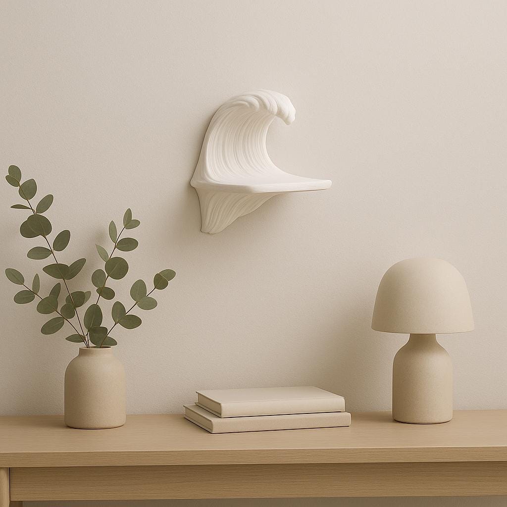 Matte white wave-shaped 3D printed floating shelf on a wall, paired with decorative vases and lamp in a minimalist interior.