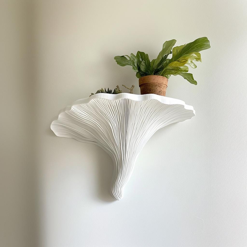 Turkey Tail mushroom-inspired white wall shelf with potted plant, showcasing sculptural organic design.