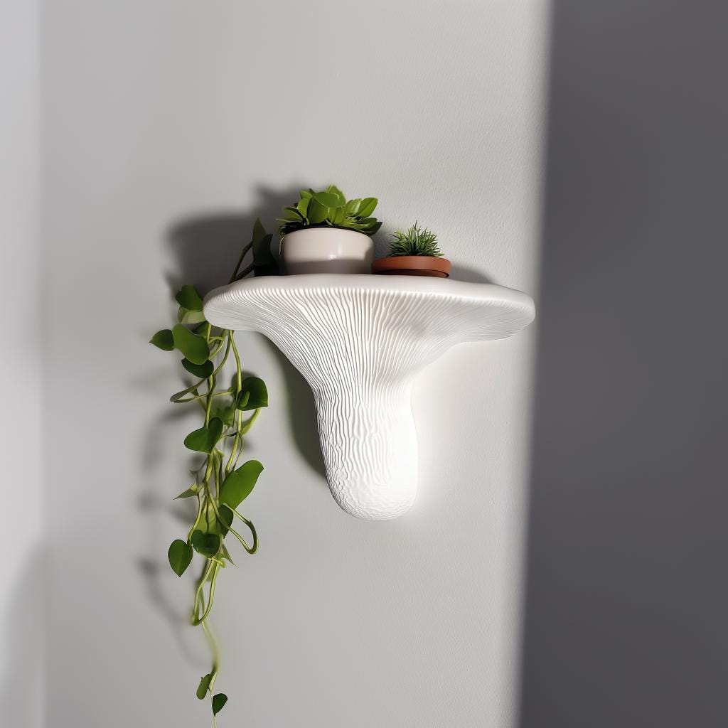 3D printed white mushroom shelf with plants, organic wall decor, and modern aesthetic