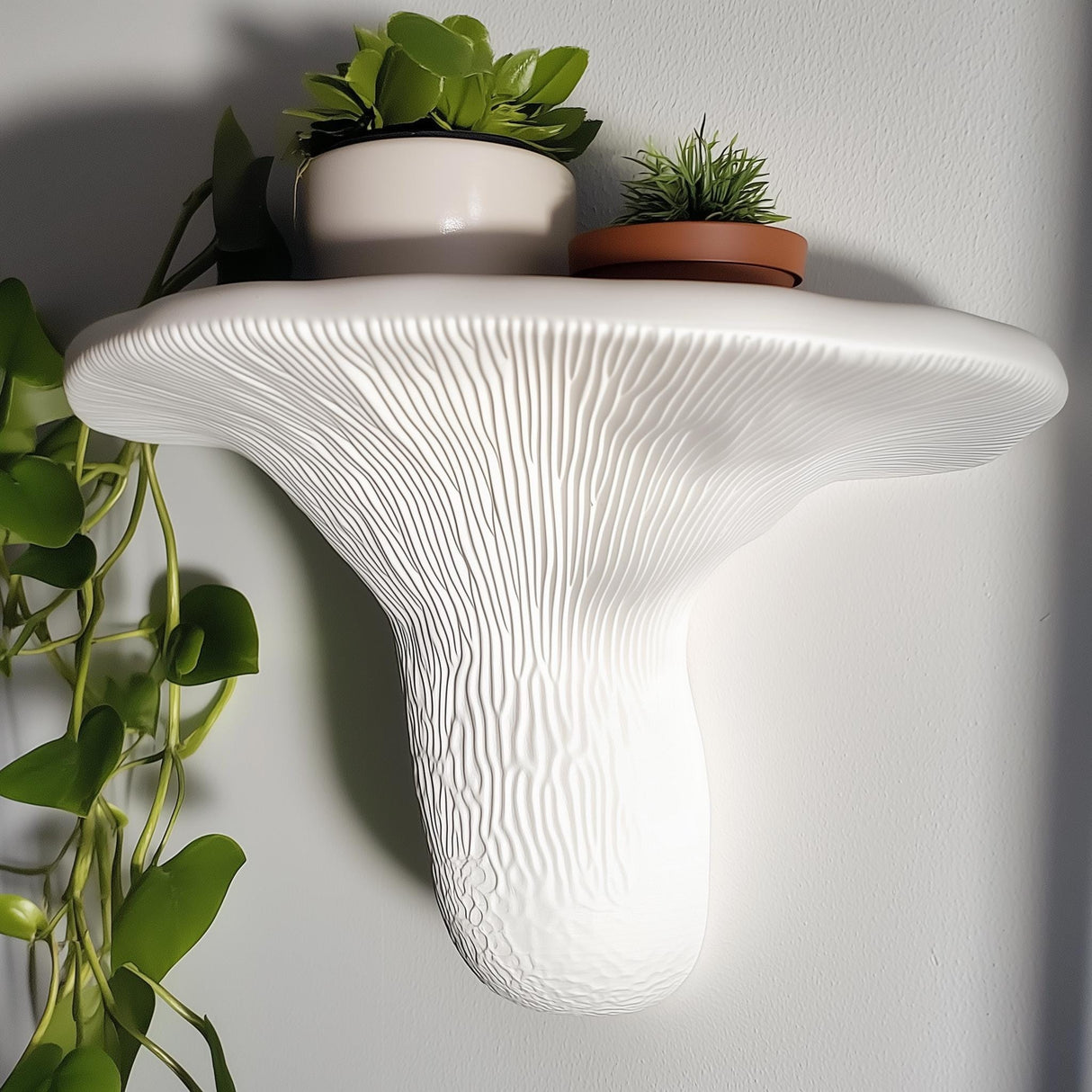 3D printed Turkey Tail mushroom wall shelf with plants, matte white organic decor for unique home accent.
