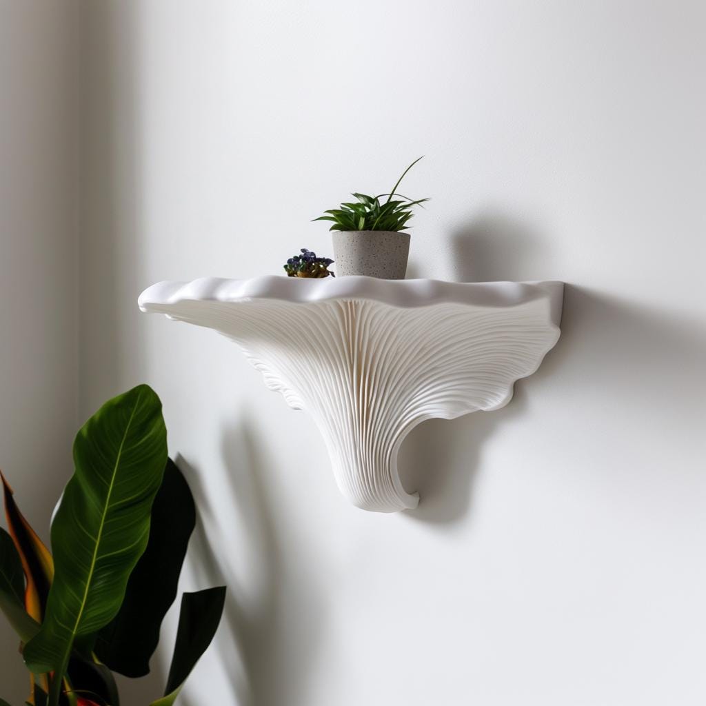 Elegant Turkey Tail mushroom shelf with plant, featuring wave-like textures and modern design for home decor.